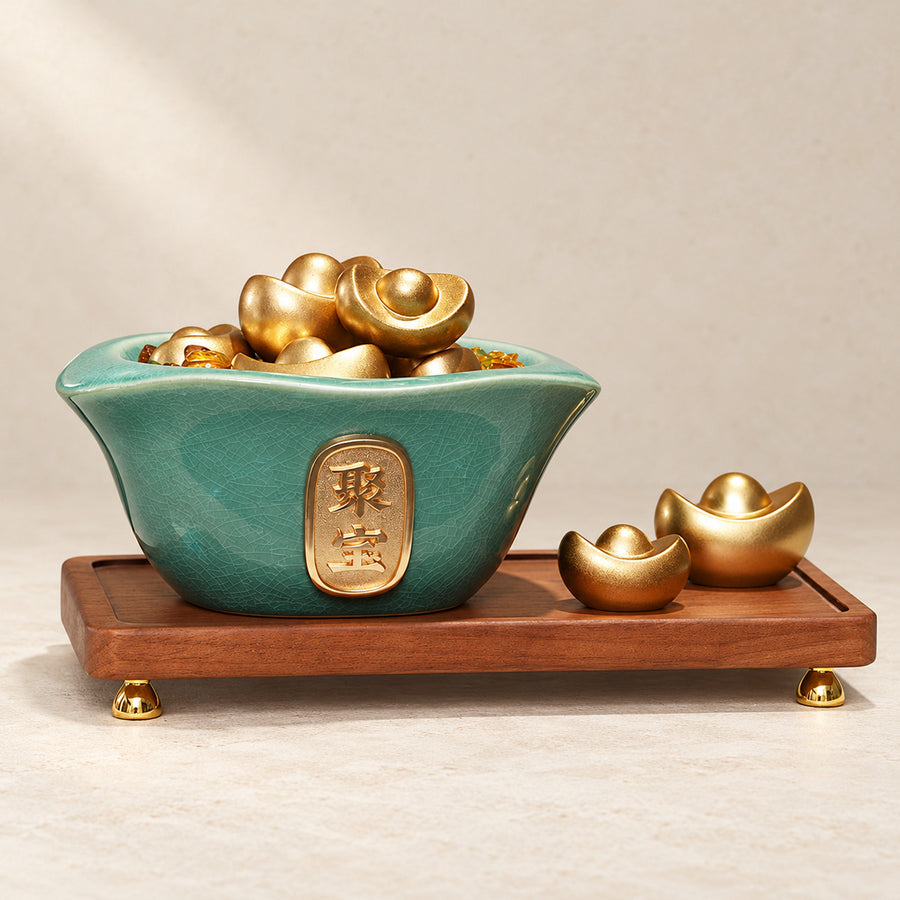 Green Ceramic Wealth Bowl with Wood Base