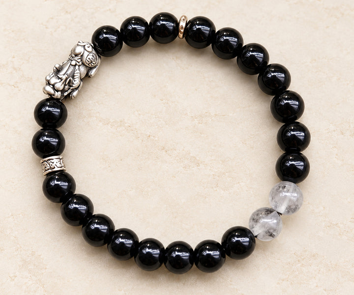 Black obsidian bracelet with silver Pixiu