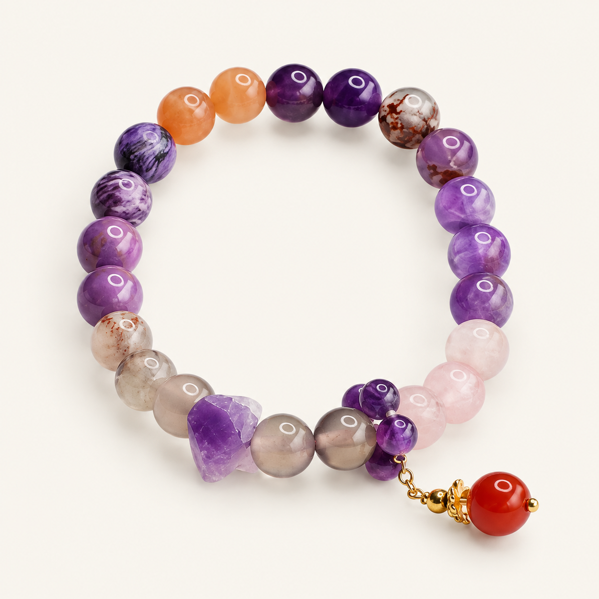 Ninefold Amethyst Prosperity Bracelet on an ivory background