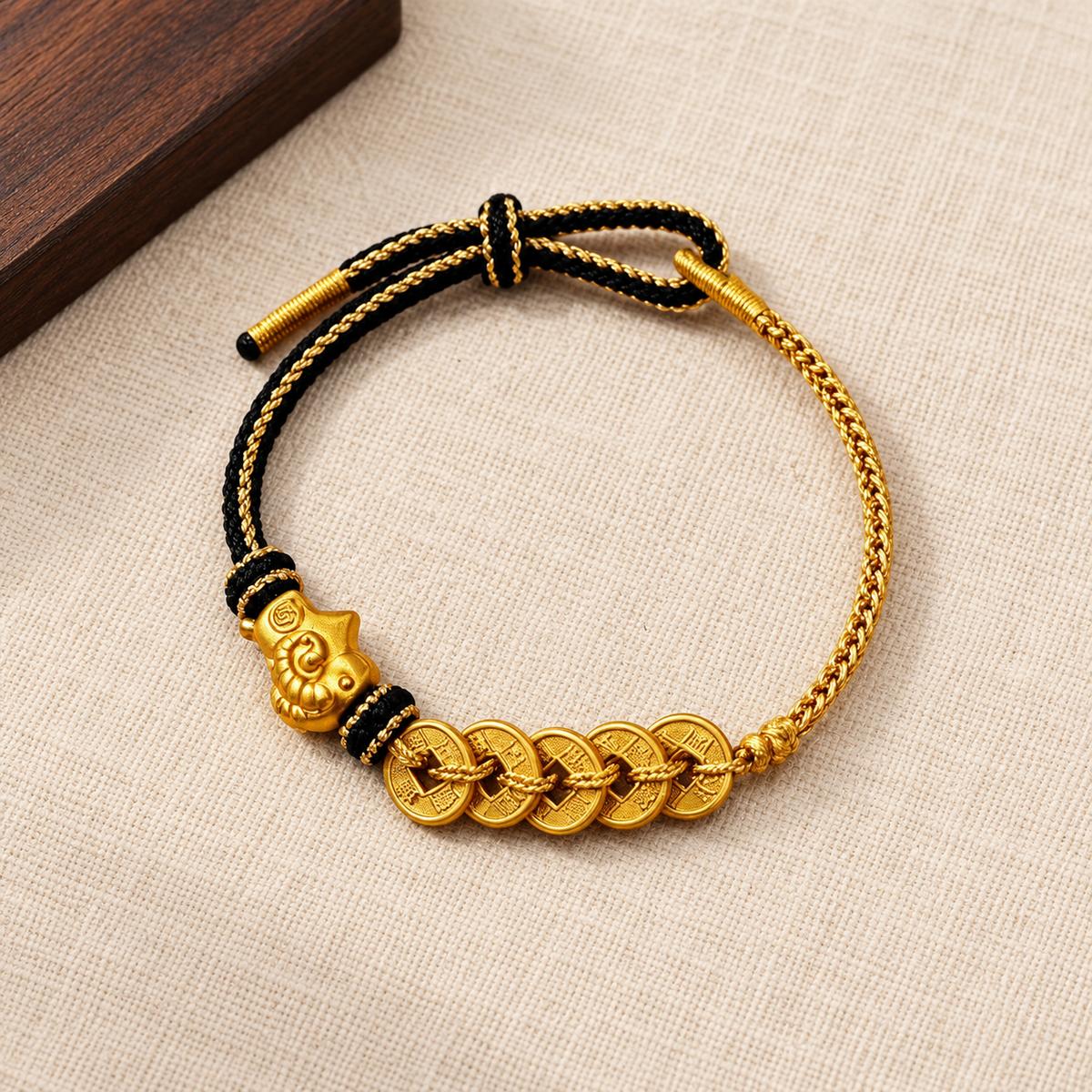 Five coin goat bracelet in black cord, linen display #cord color_black