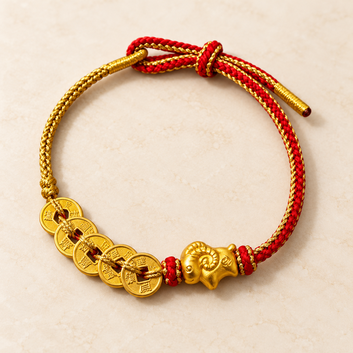 Five coin goat bracelet in red cord, full view #cord color_red