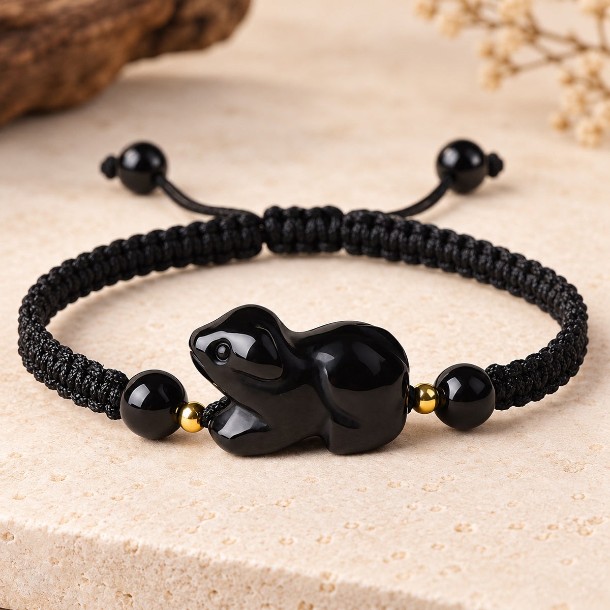 Black Obsidian Chinese Zodiac Cord Bracelet — Dog / 14cm, full design view #zodiac_dog