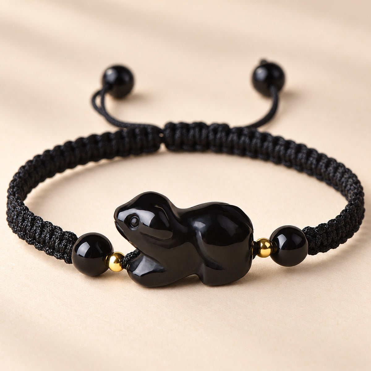 Black Obsidian Chinese Zodiac Cord Bracelet — Dog / 14cm, detail view #zodiac_dog
