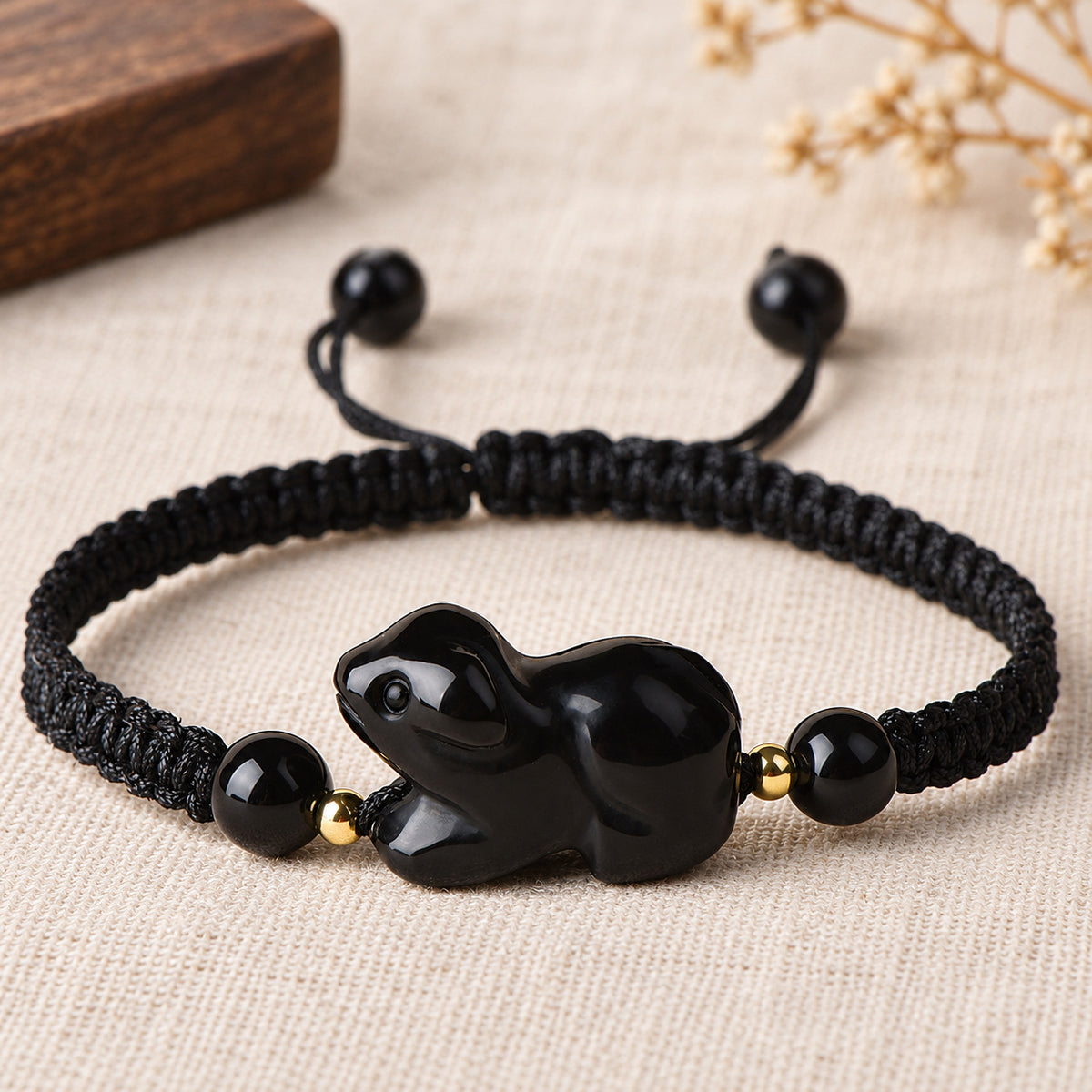 Black Obsidian Chinese Zodiac Cord Bracelet — Dog / 14cm, design and material view #zodiac_dog