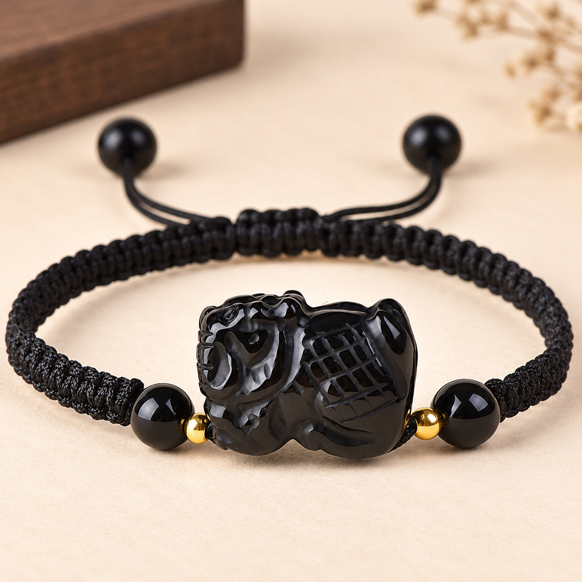 Black Obsidian Chinese Zodiac Cord Bracelet — Dragon / 14cm, detail view #zodiac_dragon