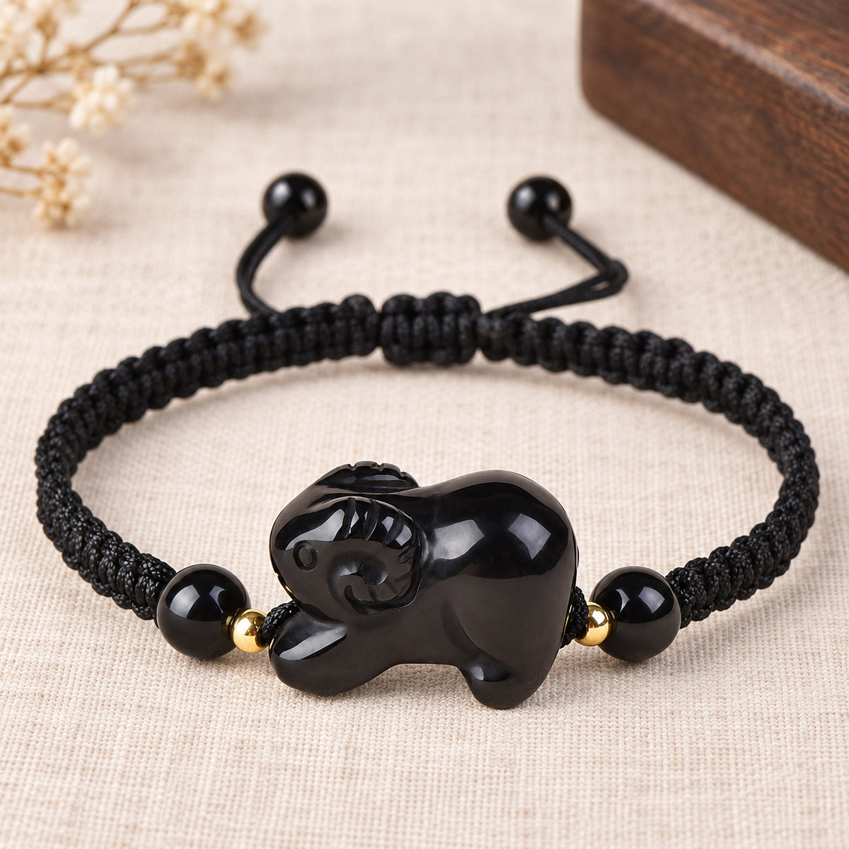 Black Obsidian Chinese Zodiac Cord Bracelet — Goat / 14cm, design and material view #zodiac_goat