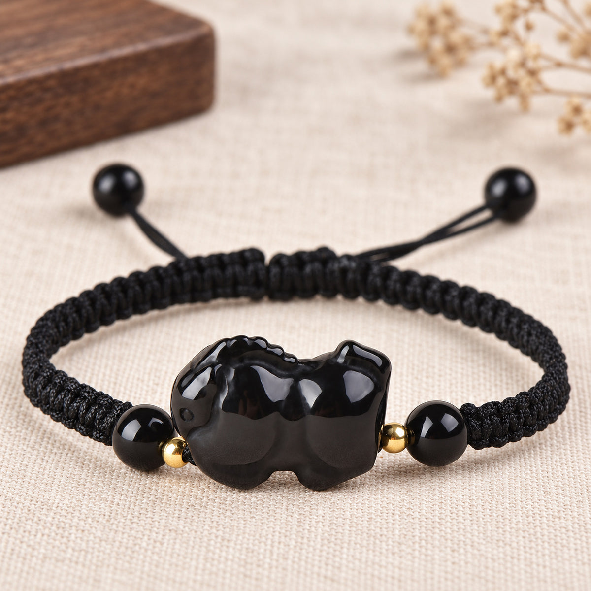 Black Obsidian Chinese Zodiac Cord Bracelet — Horse / 14cm, design and material view #zodiac_horse