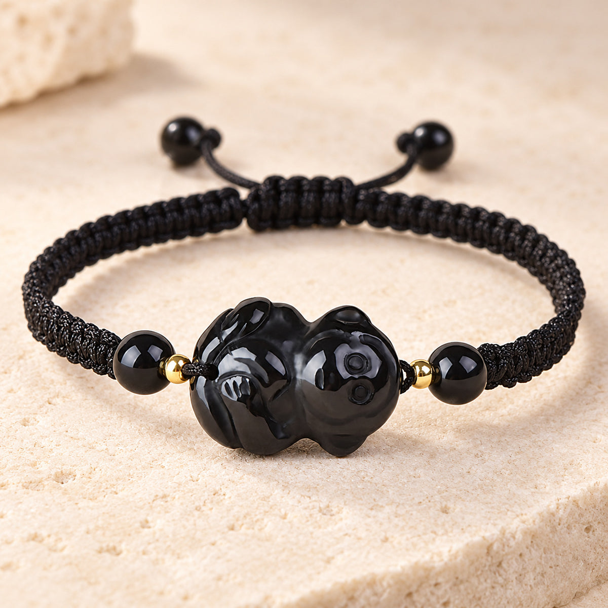 Black Obsidian Chinese Zodiac Cord Bracelet — Monkey / 14cm, full design view #zodiac_monkey