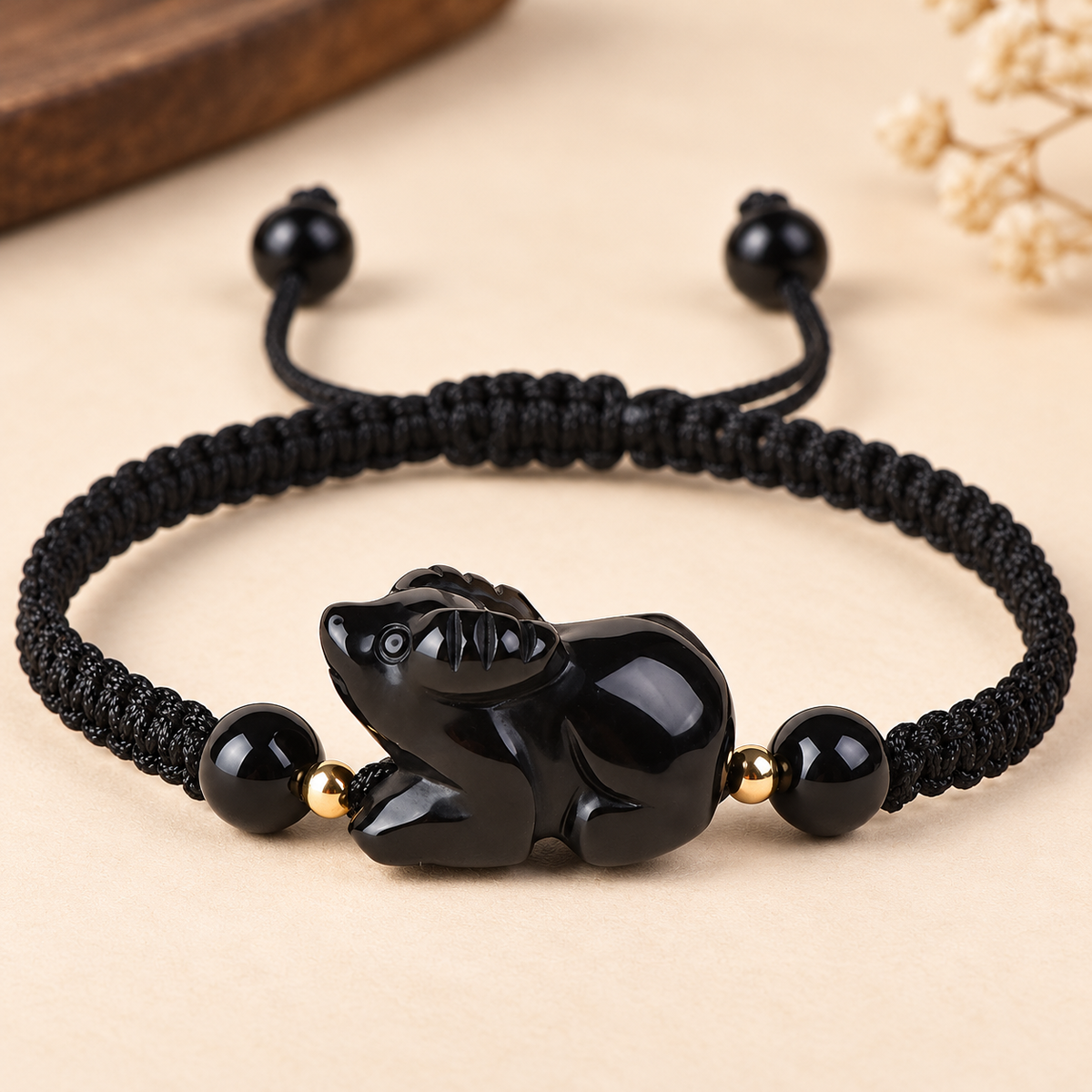 Black Obsidian Chinese Zodiac Cord Bracelet — Ox, carved zodiac charm detail #zodiac_ox
