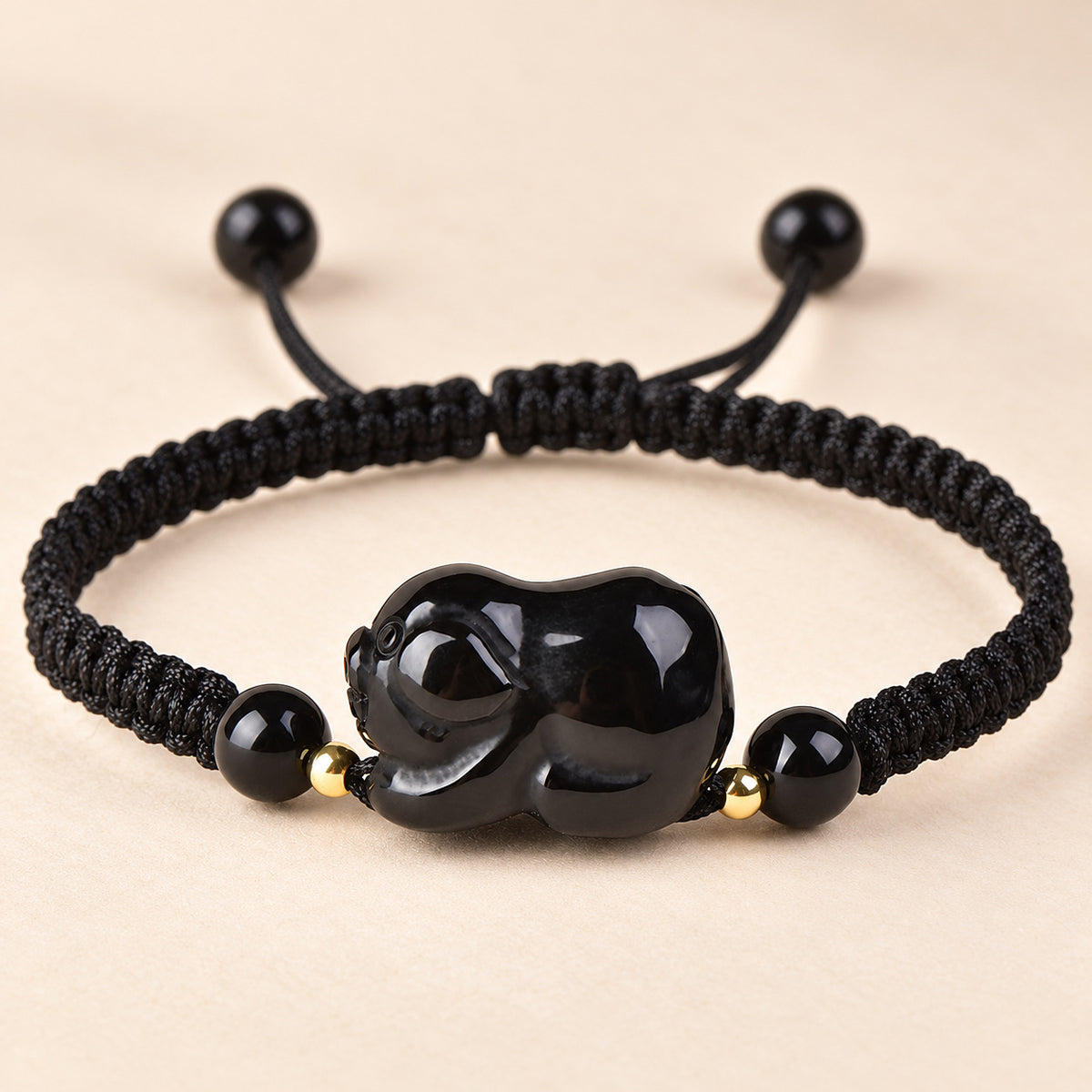 Black Obsidian Chinese Zodiac Cord Bracelet — Pig / 14cm, detail view #zodiac_pig