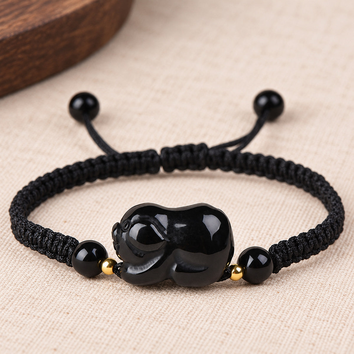 Black Obsidian Chinese Zodiac Cord Bracelet — Pig / 14cm, design and material view #zodiac_pig