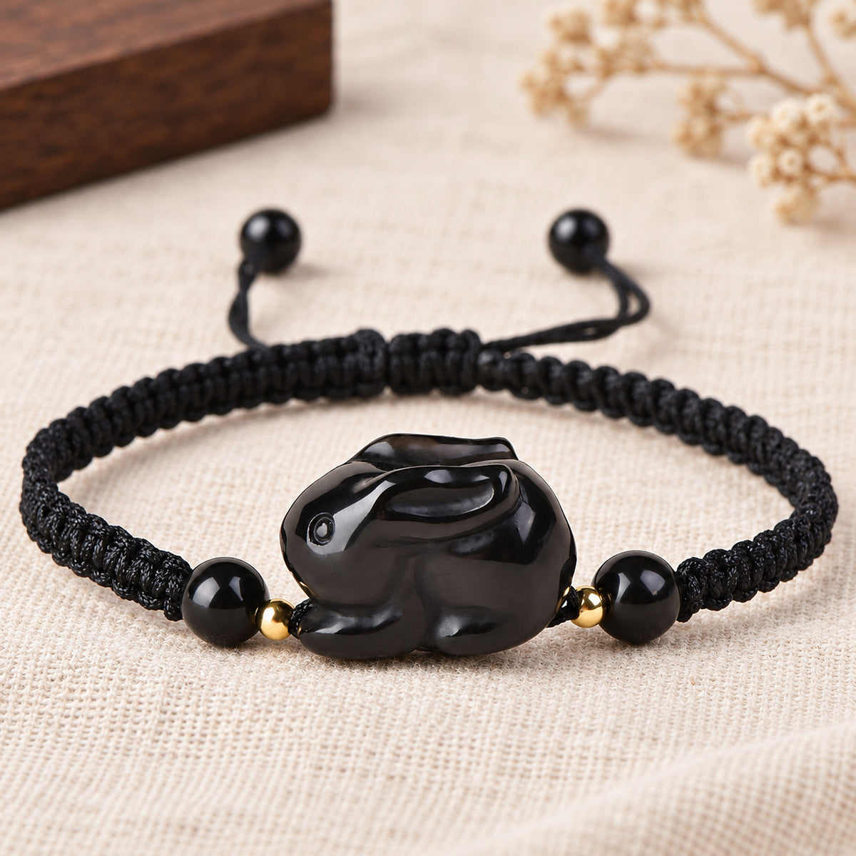 Black Obsidian Chinese Zodiac Cord Bracelet — Rabbit / 14cm, design and material view #zodiac_rabbit