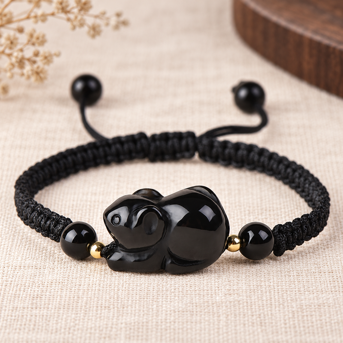 Black Obsidian Chinese Zodiac Cord Bracelet — Rat, bracelet display #zodiac_rat