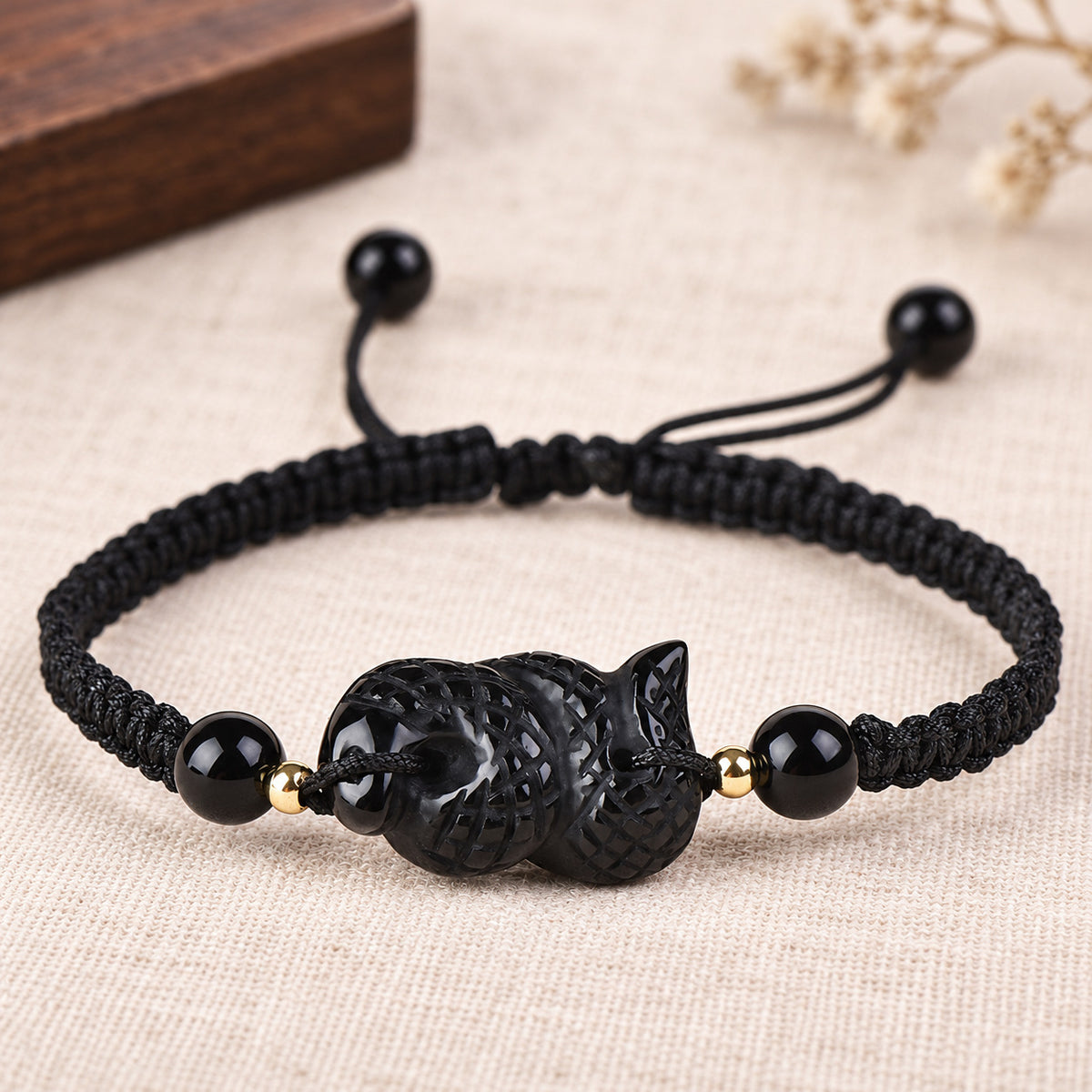 Black Obsidian Chinese Zodiac Cord Bracelet — Snake / 14cm, design and material view #zodiac_snake