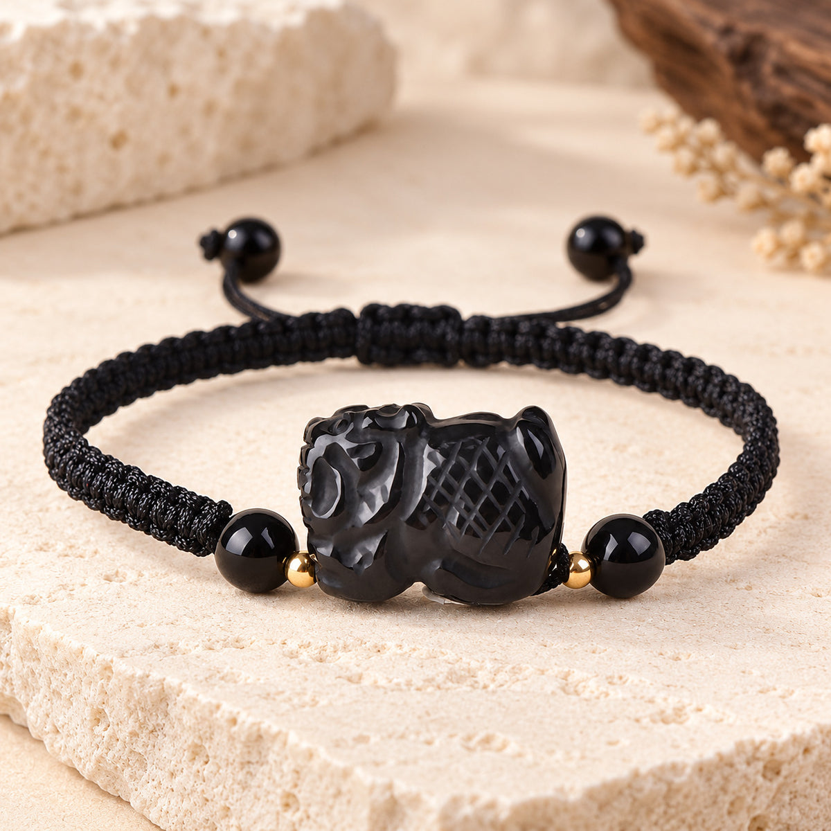 Black Obsidian Chinese Zodiac Cord Bracelet — Tiger / 14cm, full design view #zodiac_tiger