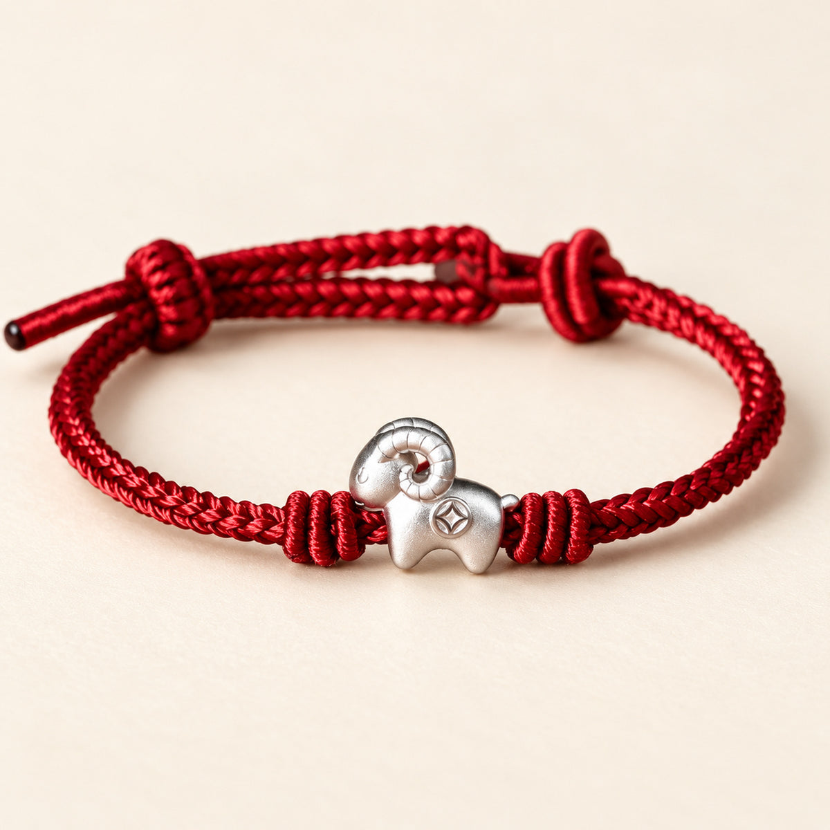 Silver Goat Red Cord Bracelet — Adult 14-17 cm, full design view
