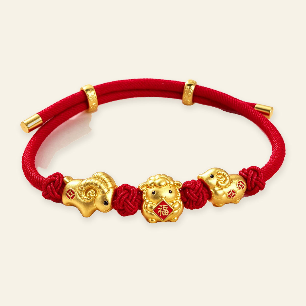 Three Goats and Lucky Symbols Red Cord Bracelet — Three Goats, full design view #design_three goats