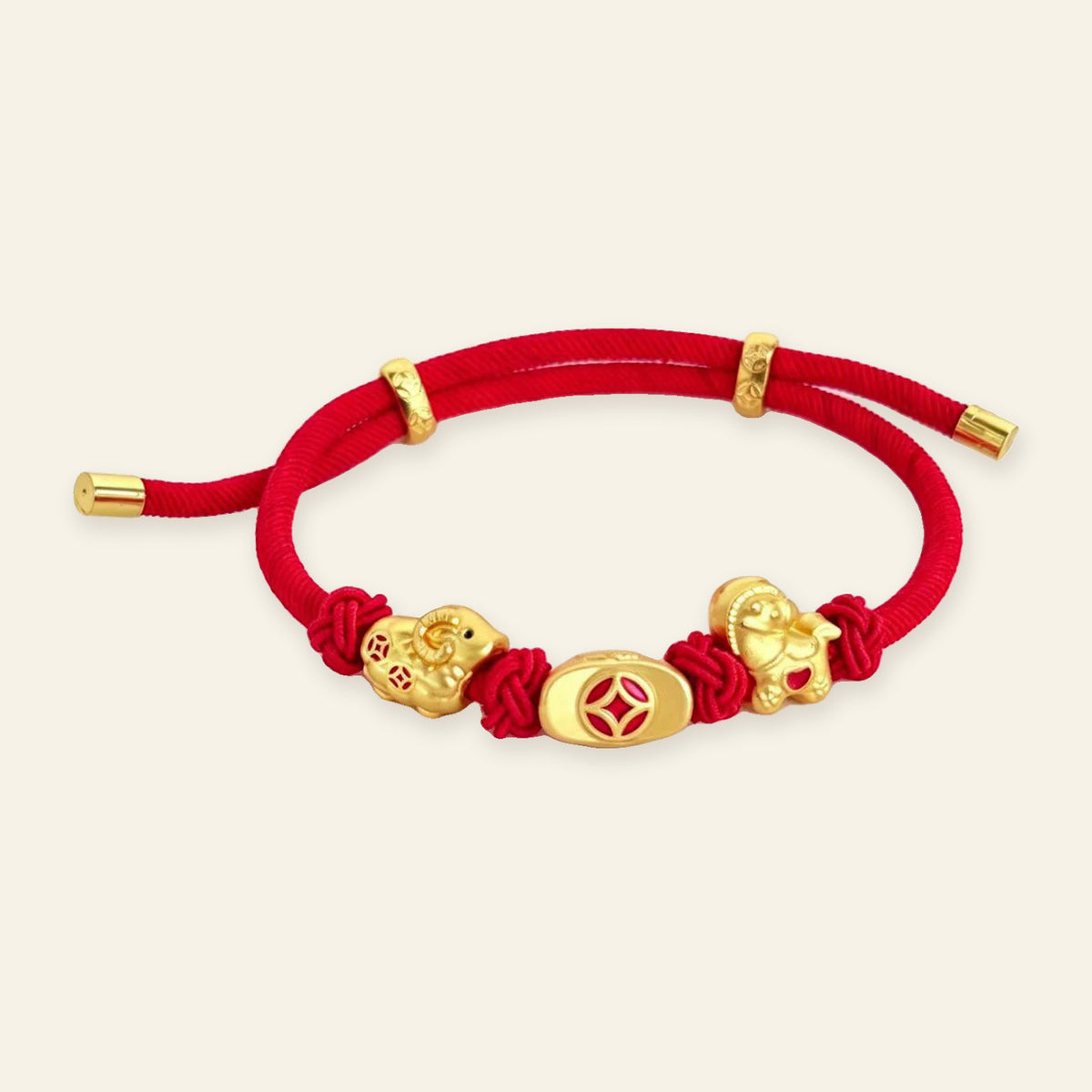 Three Goats and Lucky Symbols Red Cord Bracelet — Twin Goats and Coin, full design view #design_twin goats and coin