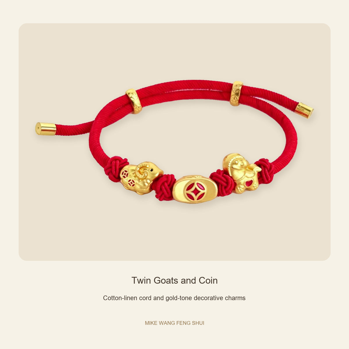 Three Goats and Lucky Symbols Red Cord Bracelet — Twin Goats and Coin, design and material view #design_twin goats and coin