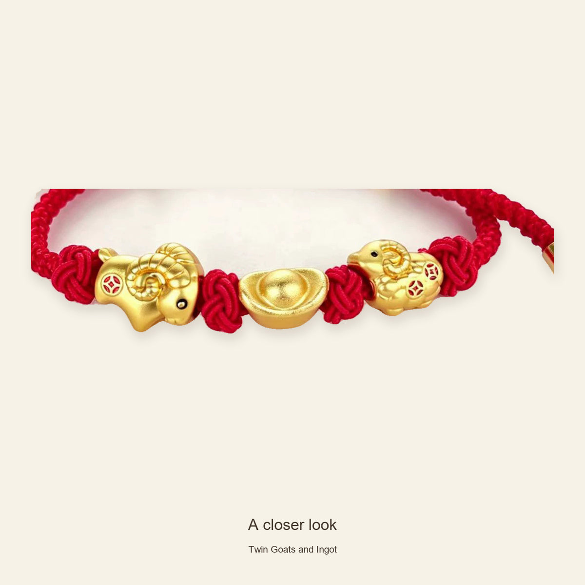 Three Goats and Lucky Symbols Red Cord Bracelet — Twin Goats and Ingot, detail view #design_twin goats and ingot