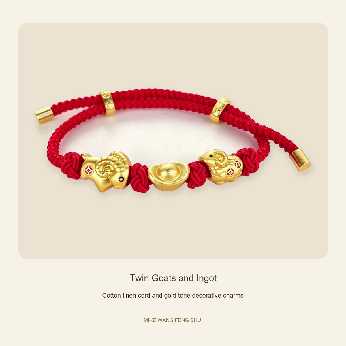 Three Goats and Lucky Symbols Red Cord Bracelet — Twin Goats and Ingot, design and material view #design_twin goats and ingot