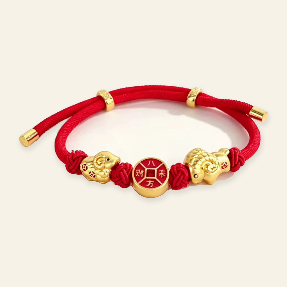 Three Goats and Lucky Symbols Red Cord Bracelet — Twin Goats and Prosperity Coin, full design view #design_twin goats and prosperity coin
