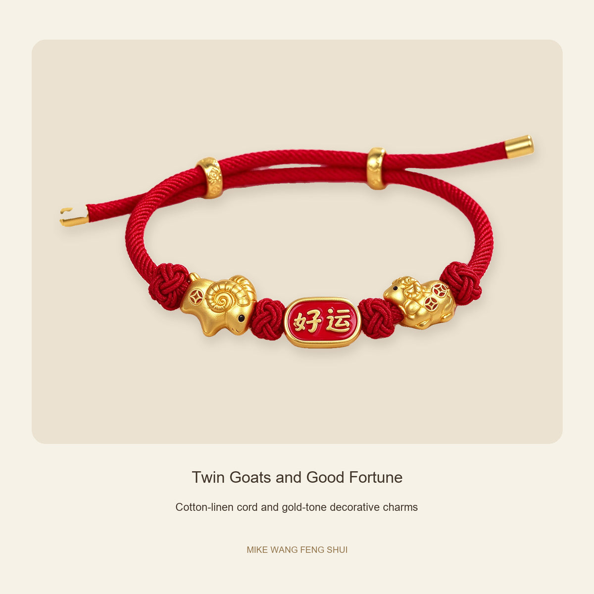 Three Goats and Lucky Symbols Red Cord Bracelet — Twin Goats and Good Fortune, design and material view #design_twin goats and good fortune