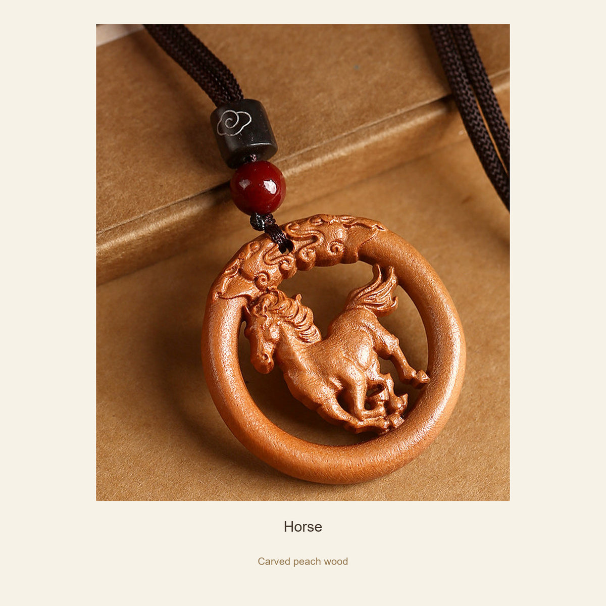 Peach Wood Round Chinese Zodiac Pendant — Horse, full design view #zodiac_horse