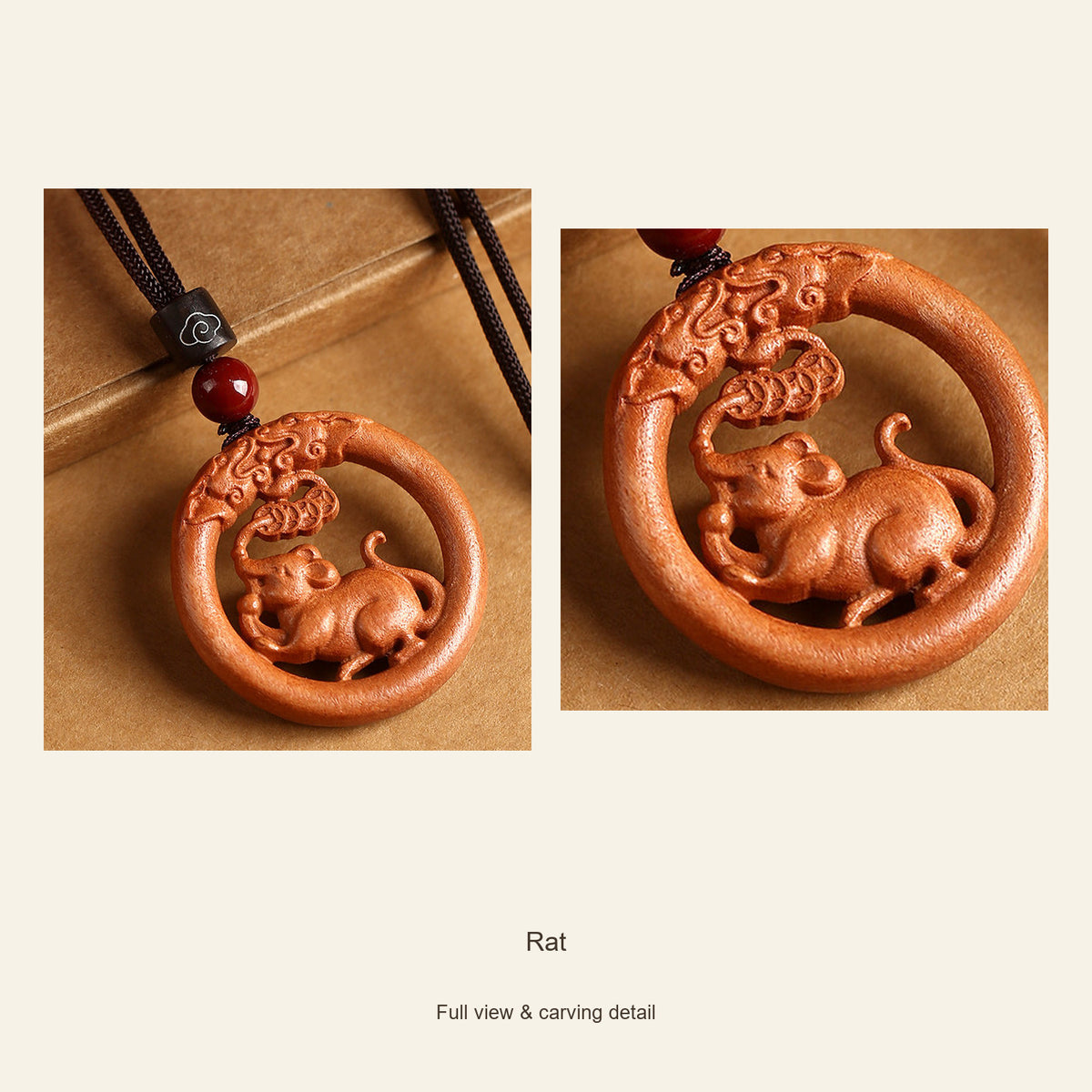 Peach Wood Round Chinese Zodiac Pendant — Rat, design and material view #zodiac_rat