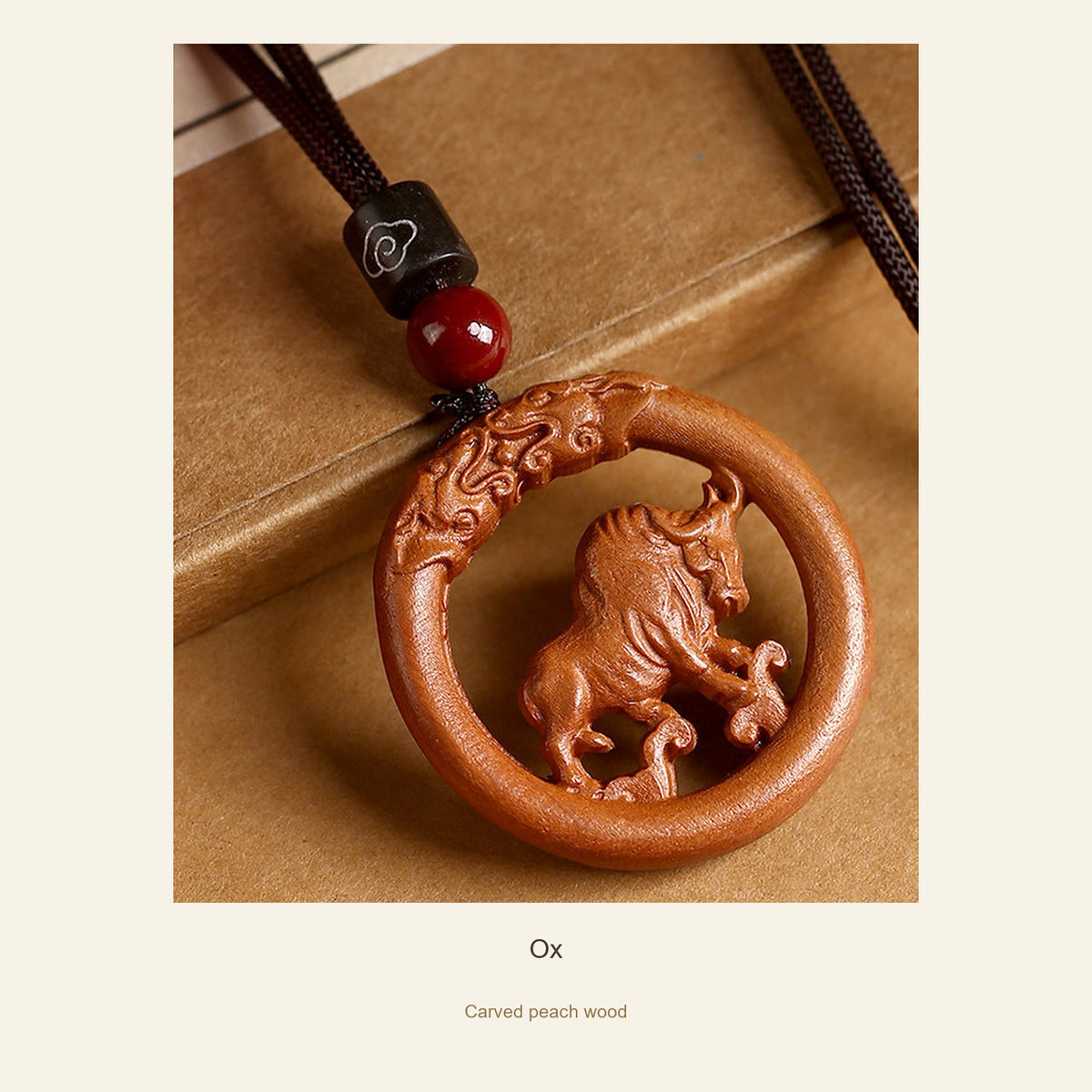 Peach Wood Round Chinese Zodiac Pendant — Ox, full design view #zodiac_ox
