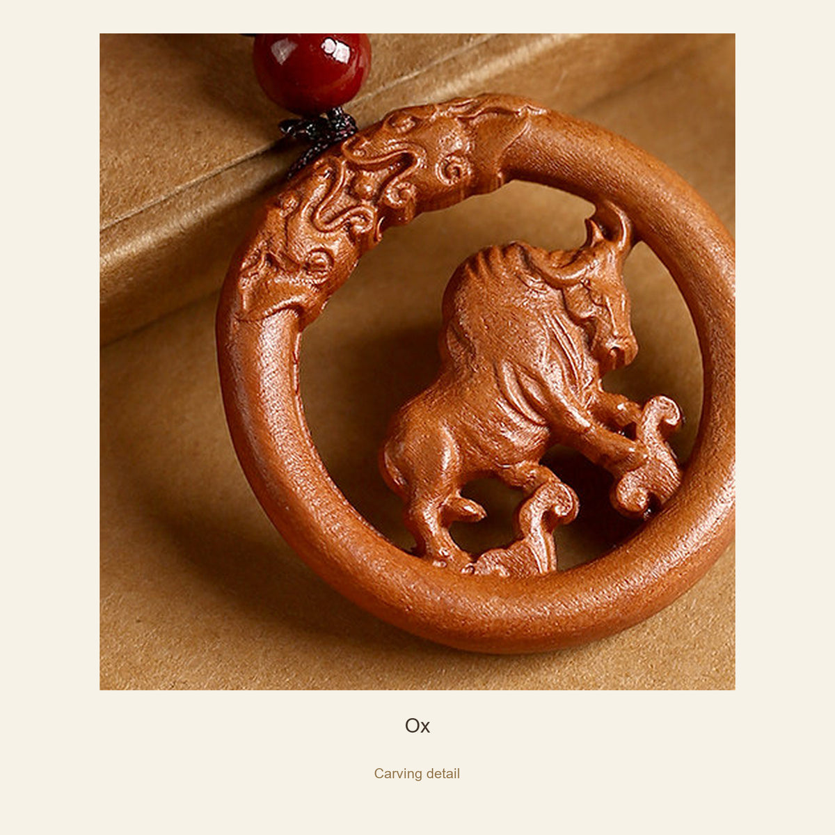 Peach Wood Round Chinese Zodiac Pendant — Ox, detail view #zodiac_ox