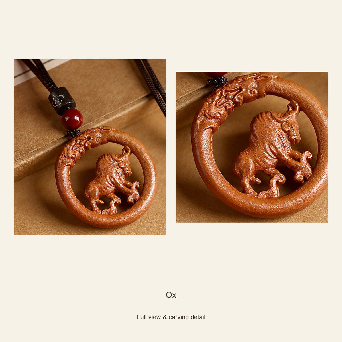 Peach Wood Round Chinese Zodiac Pendant — Ox, design and material view #zodiac_ox