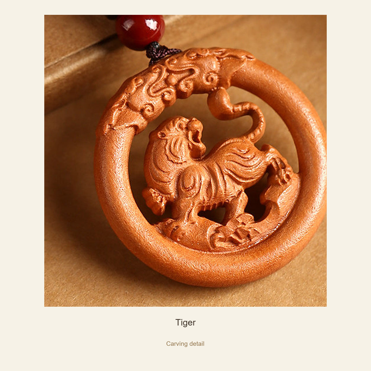 Peach Wood Round Chinese Zodiac Pendant — Tiger, detail view #zodiac_tiger