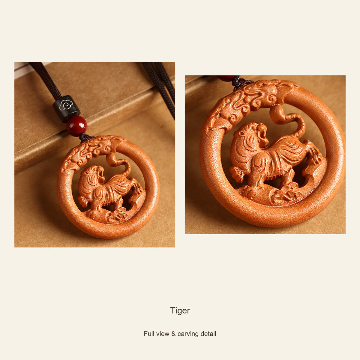 Peach Wood Round Chinese Zodiac Pendant — Tiger, design and material view #zodiac_tiger