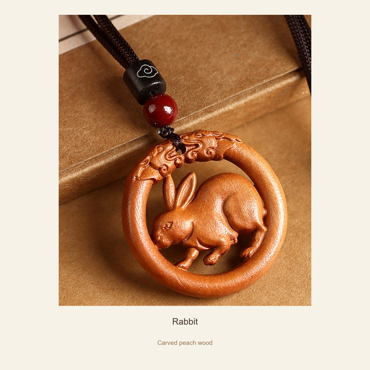 Peach Wood Round Chinese Zodiac Pendant — Rabbit, full design view #zodiac_rabbit