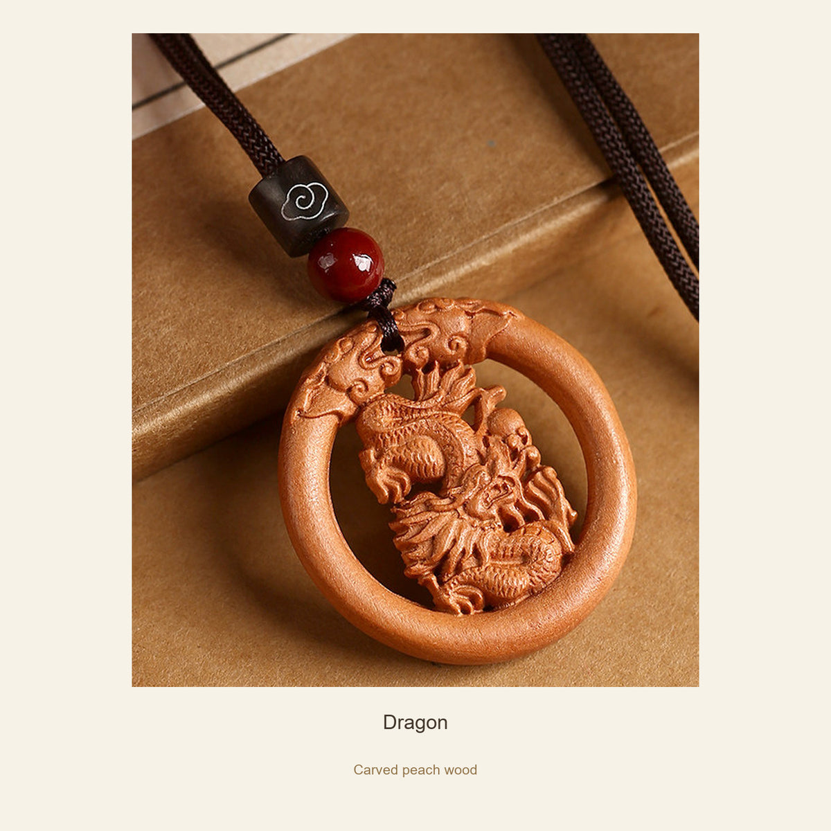 Peach Wood Round Chinese Zodiac Pendant — Dragon, full design view #zodiac_dragon