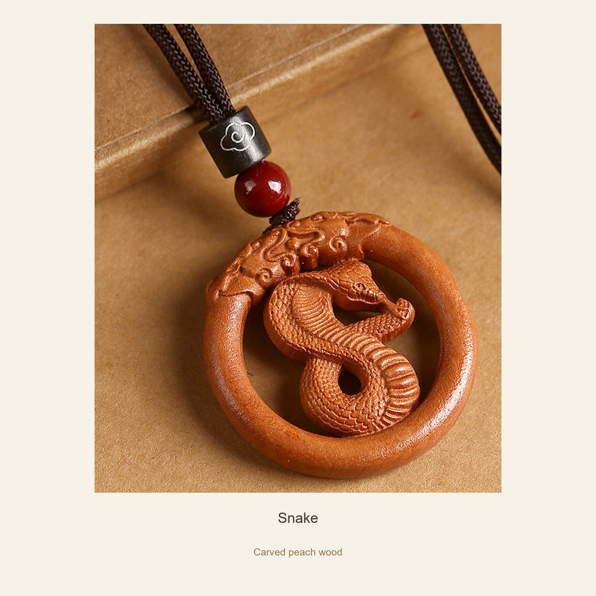 Peach Wood Round Chinese Zodiac Pendant — Snake, full design view #zodiac_snake