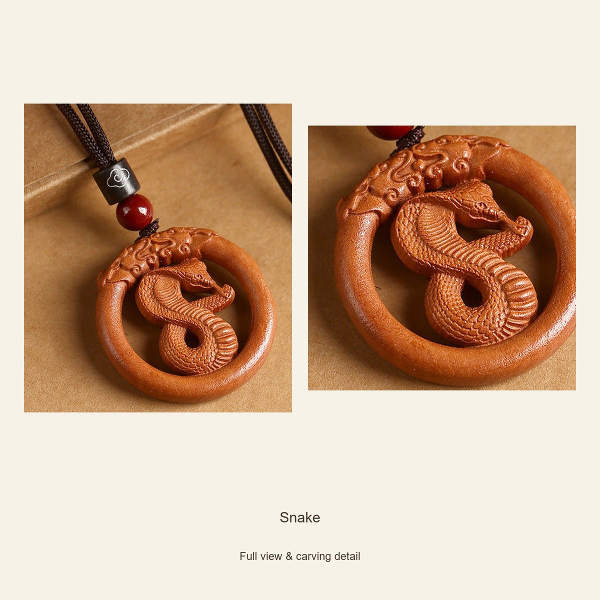 Peach Wood Round Chinese Zodiac Pendant — Snake, design and material view #zodiac_snake