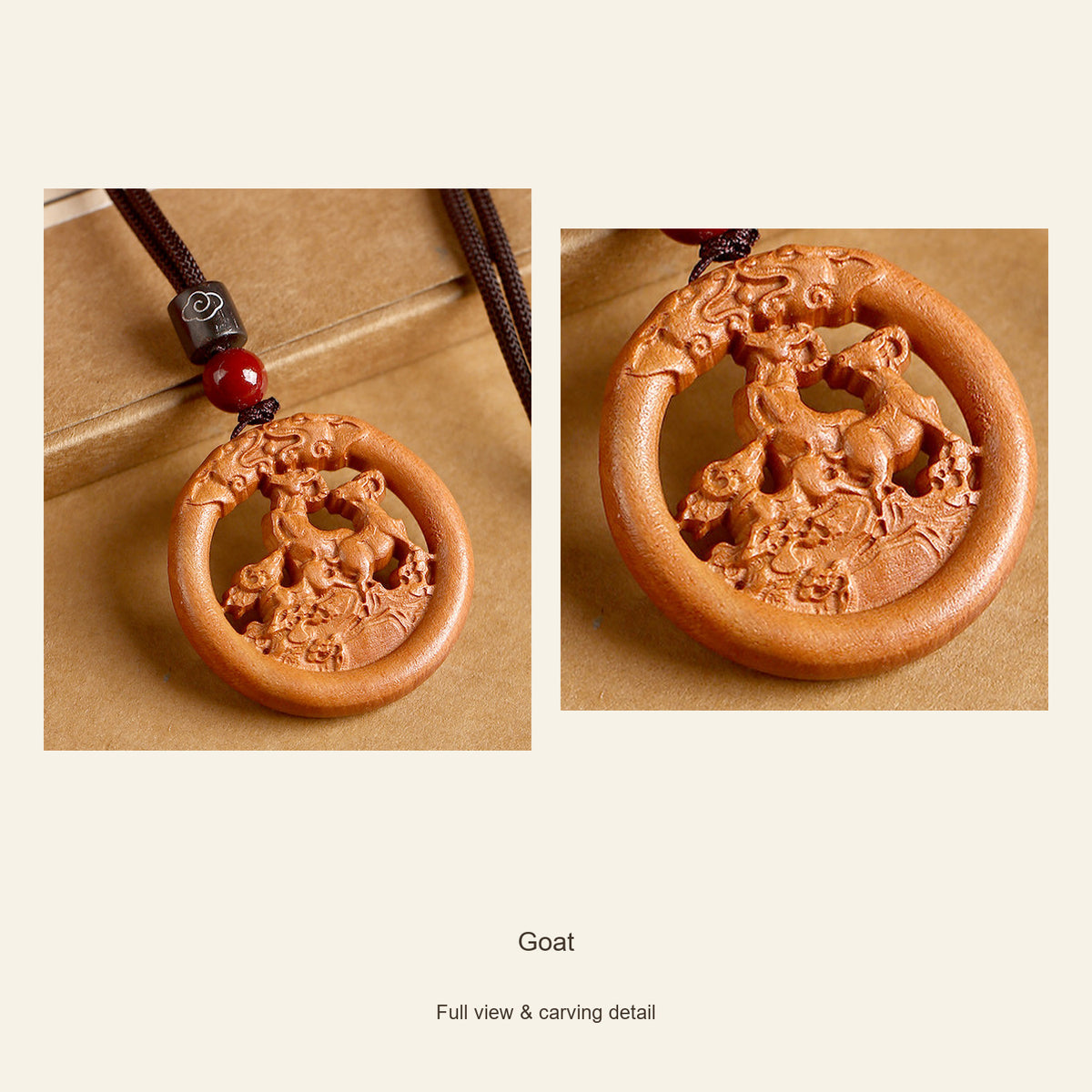 Peach Wood Round Chinese Zodiac Pendant — Goat, design and material view #zodiac_goat