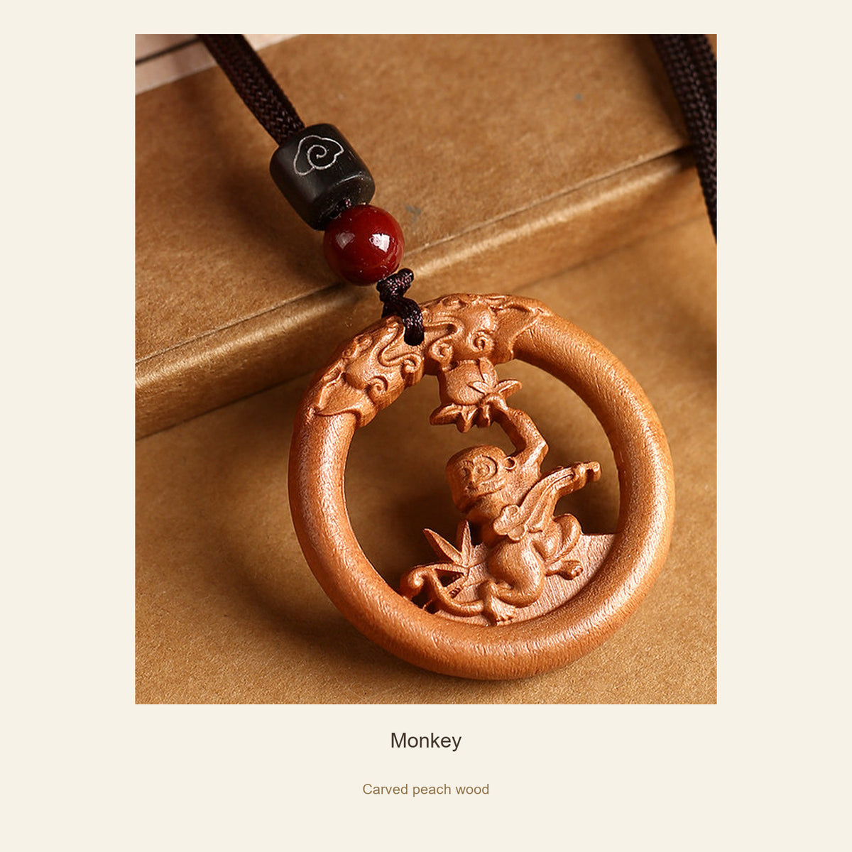 Peach Wood Round Chinese Zodiac Pendant — Monkey, full design view #zodiac_monkey