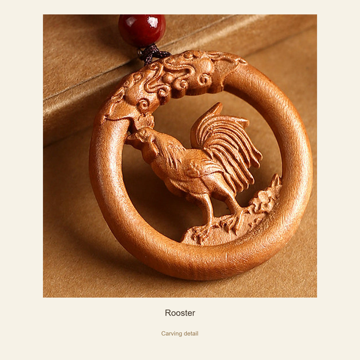 Peach Wood Round Chinese Zodiac Pendant — Rooster, detail view #zodiac_rooster