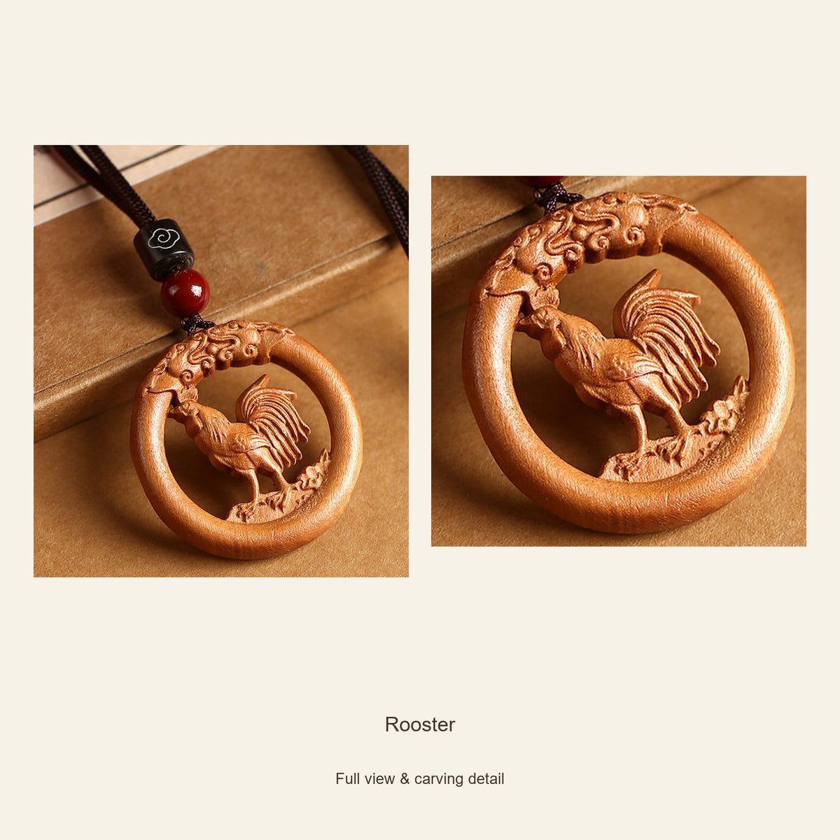 Peach Wood Round Chinese Zodiac Pendant — Rooster, design and material view #zodiac_rooster