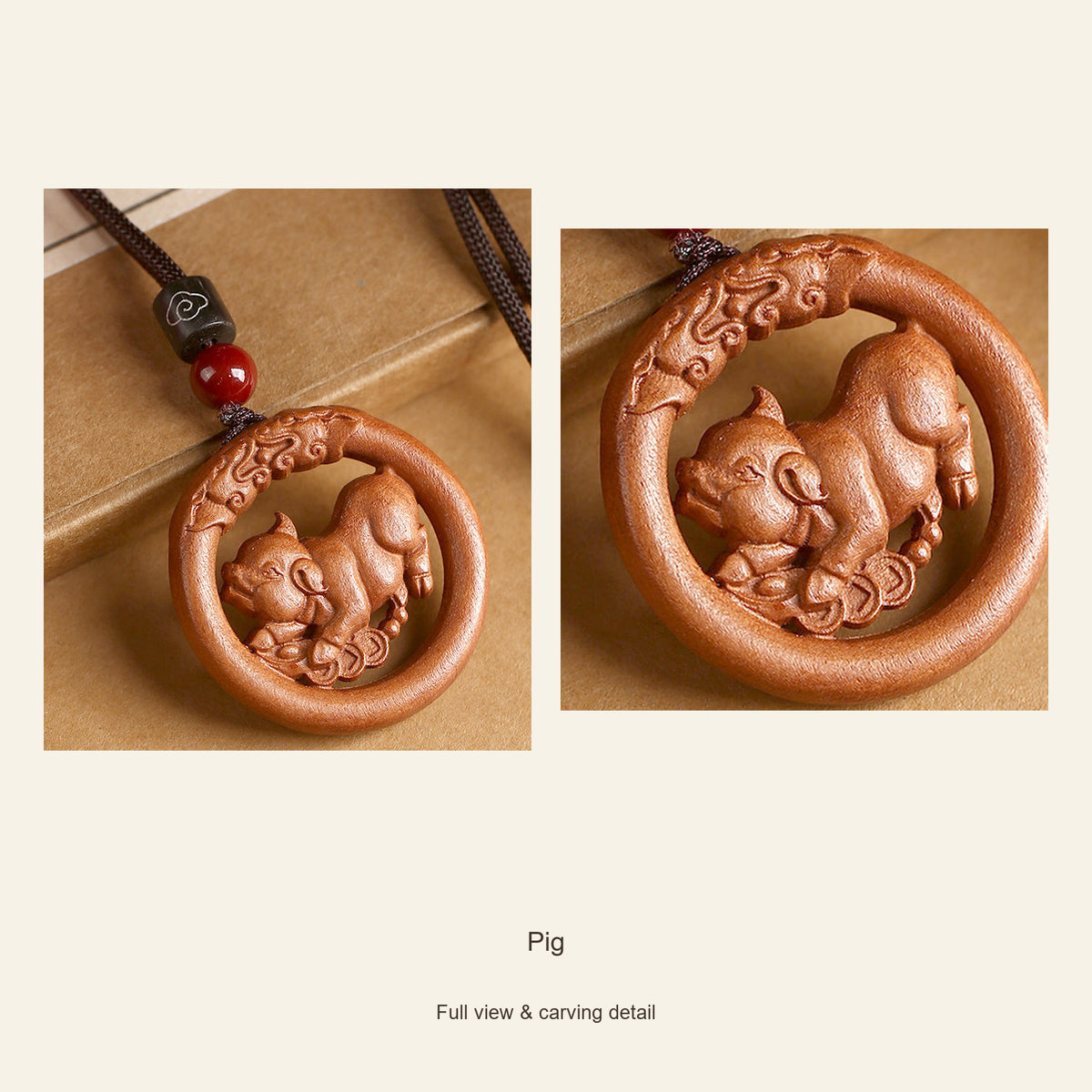 Peach Wood Round Chinese Zodiac Pendant — Pig, design and material view #zodiac_pig