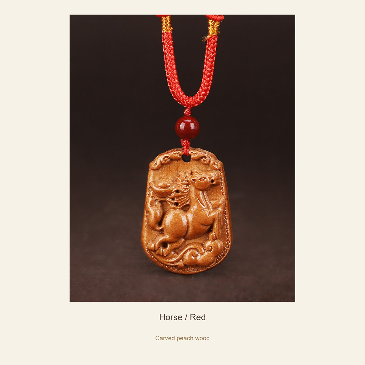 Peach Wood Chinese Zodiac Relief Necklace — Horse / Red, full design view #zodiac_horse