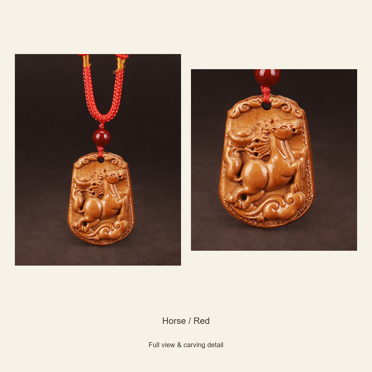 Peach Wood Chinese Zodiac Relief Necklace — Horse / Red, design and material view #zodiac_horse