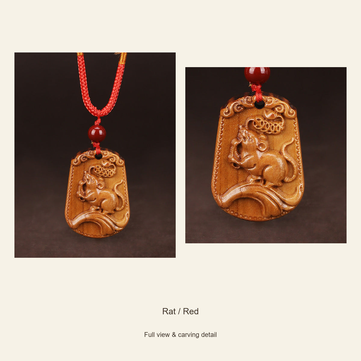 Peach Wood Chinese Zodiac Relief Necklace — Rat / Red, design and material view #zodiac_rat
