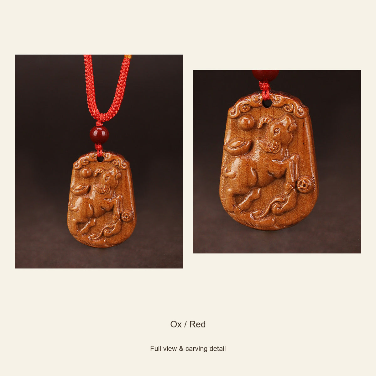 Peach Wood Chinese Zodiac Relief Necklace — Ox / Red, design and material view #zodiac_ox