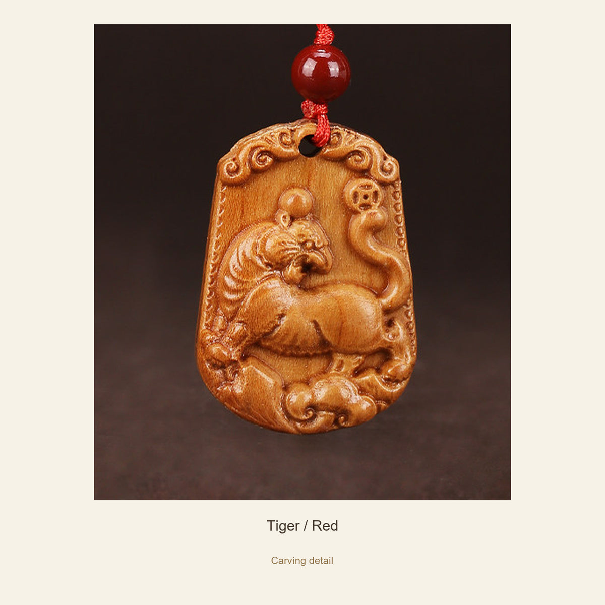 Peach Wood Chinese Zodiac Relief Necklace — Tiger / Red, detail view #zodiac_tiger