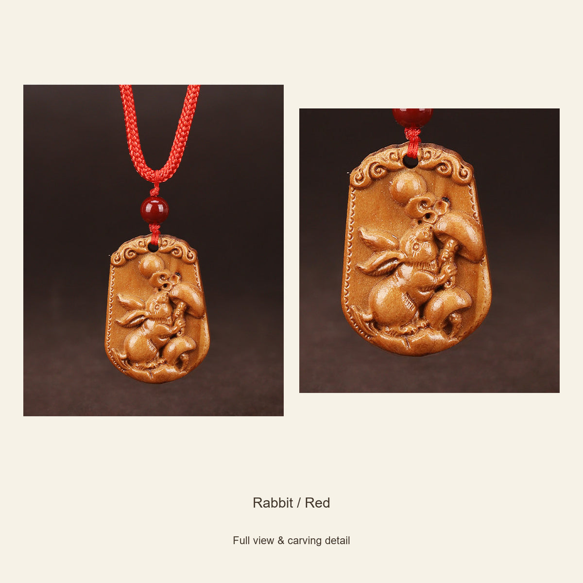 Peach Wood Chinese Zodiac Relief Necklace — Rabbit / Red, design and material view #zodiac_rabbit