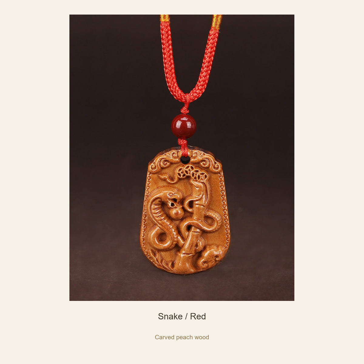 Peach Wood Chinese Zodiac Relief Necklace — Snake / Red, full design view #zodiac_snake